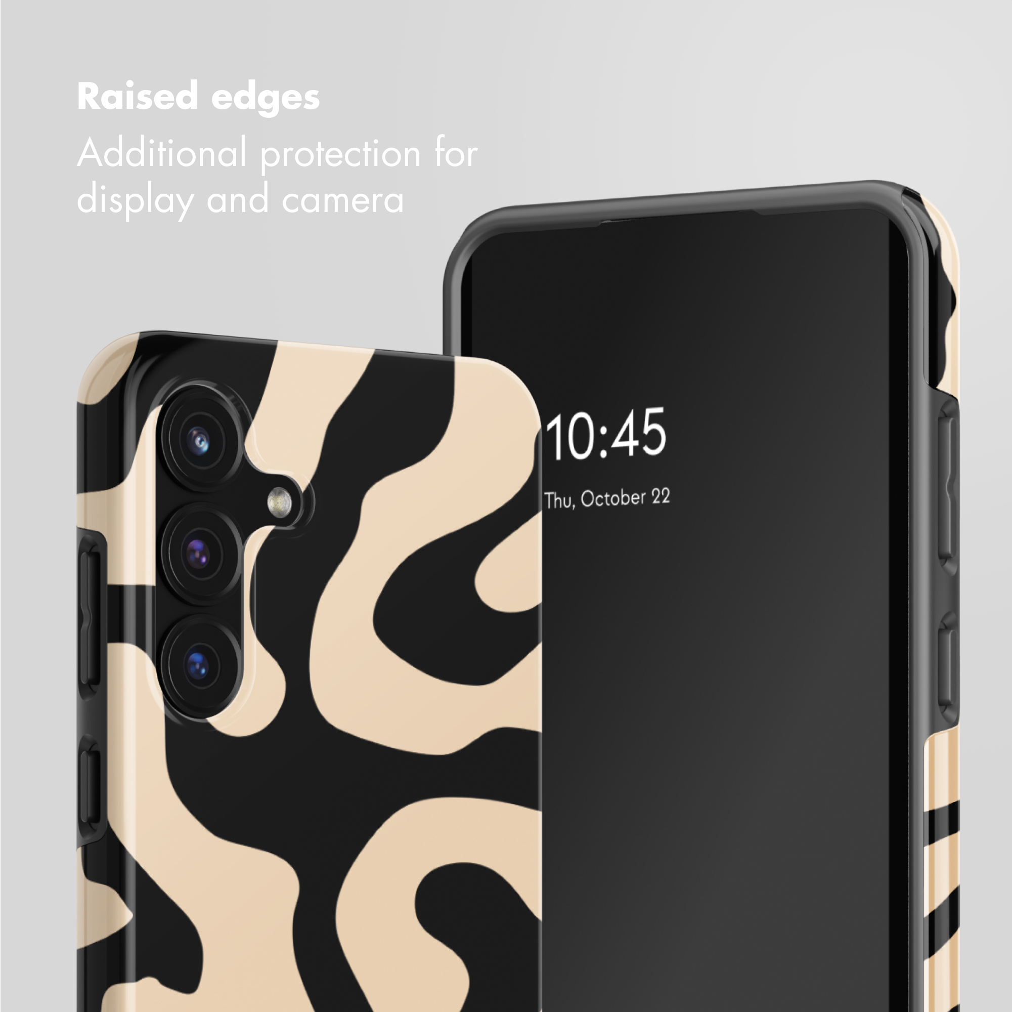 Smartphone con funda protectora de patrón abstracto negro y beige, mostrando bordes elevados.