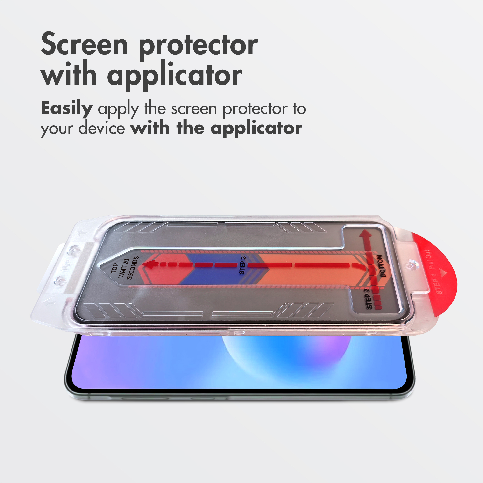 Smartphone con protezione schermo e applicatore sopra.