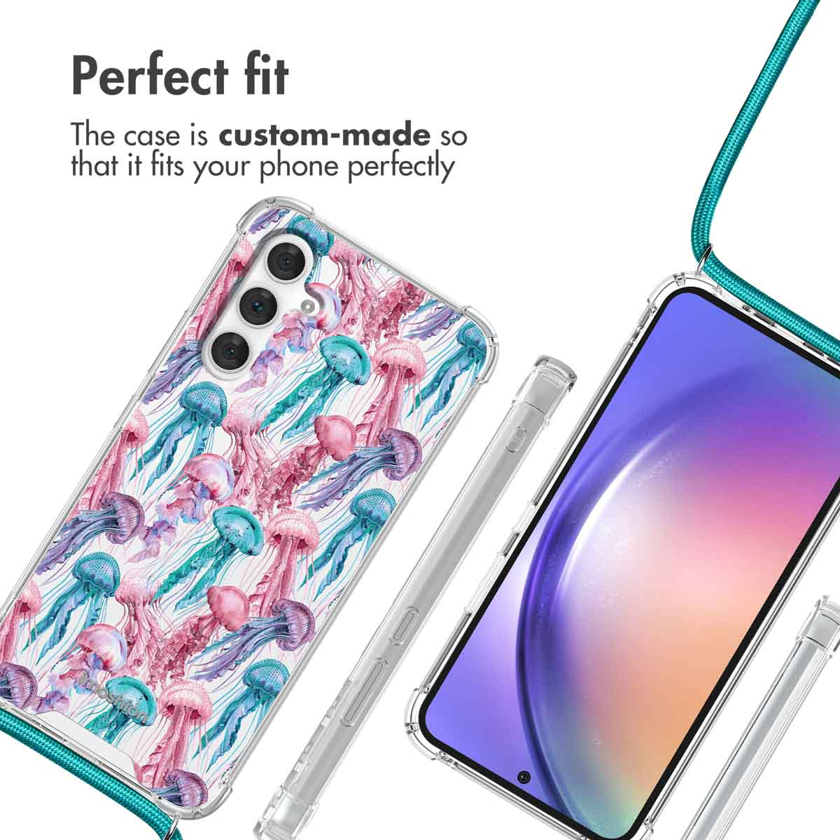 Coque transparente avec motif de meduses colorees et cordon vert, texte: Perfect fit.