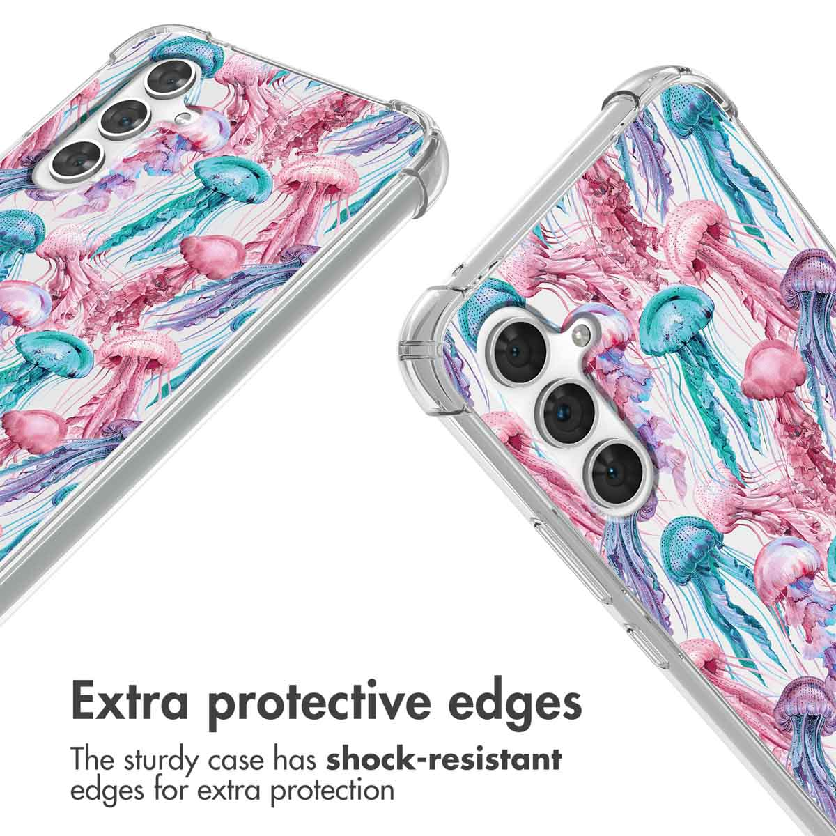 Coque transparente pour téléphone avec motif de méduse et bords renforcés.