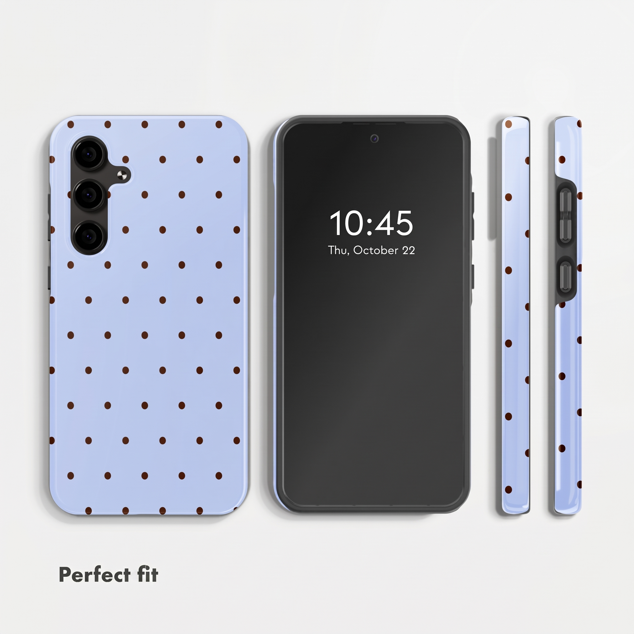 Ein blaues Smartphone-Case mit braunen Punkten, gezeigt von vorne, hinten und der Seite.