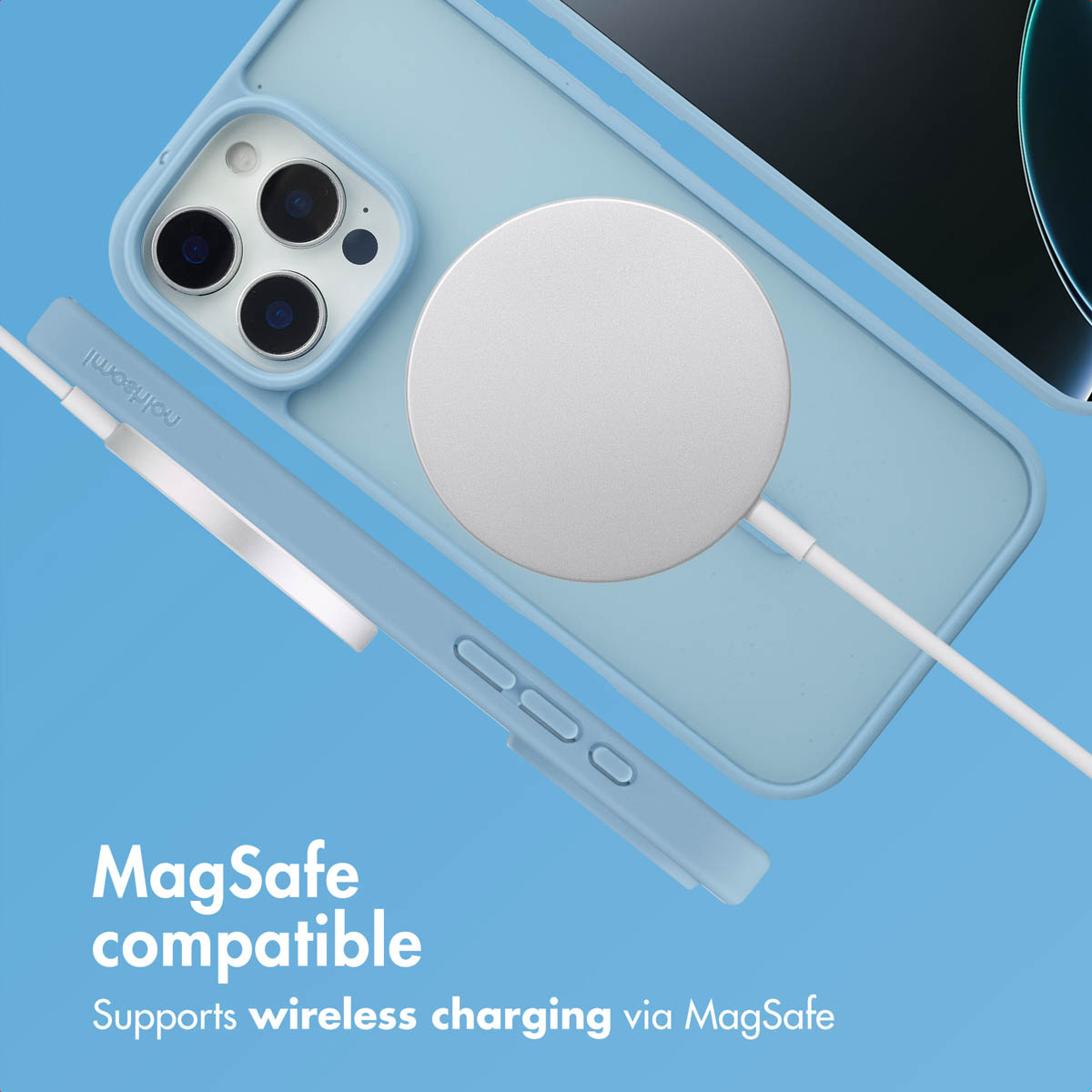 Custodia blu per iPhone con caricabatterie MagSafe e testo su sfondo blu.