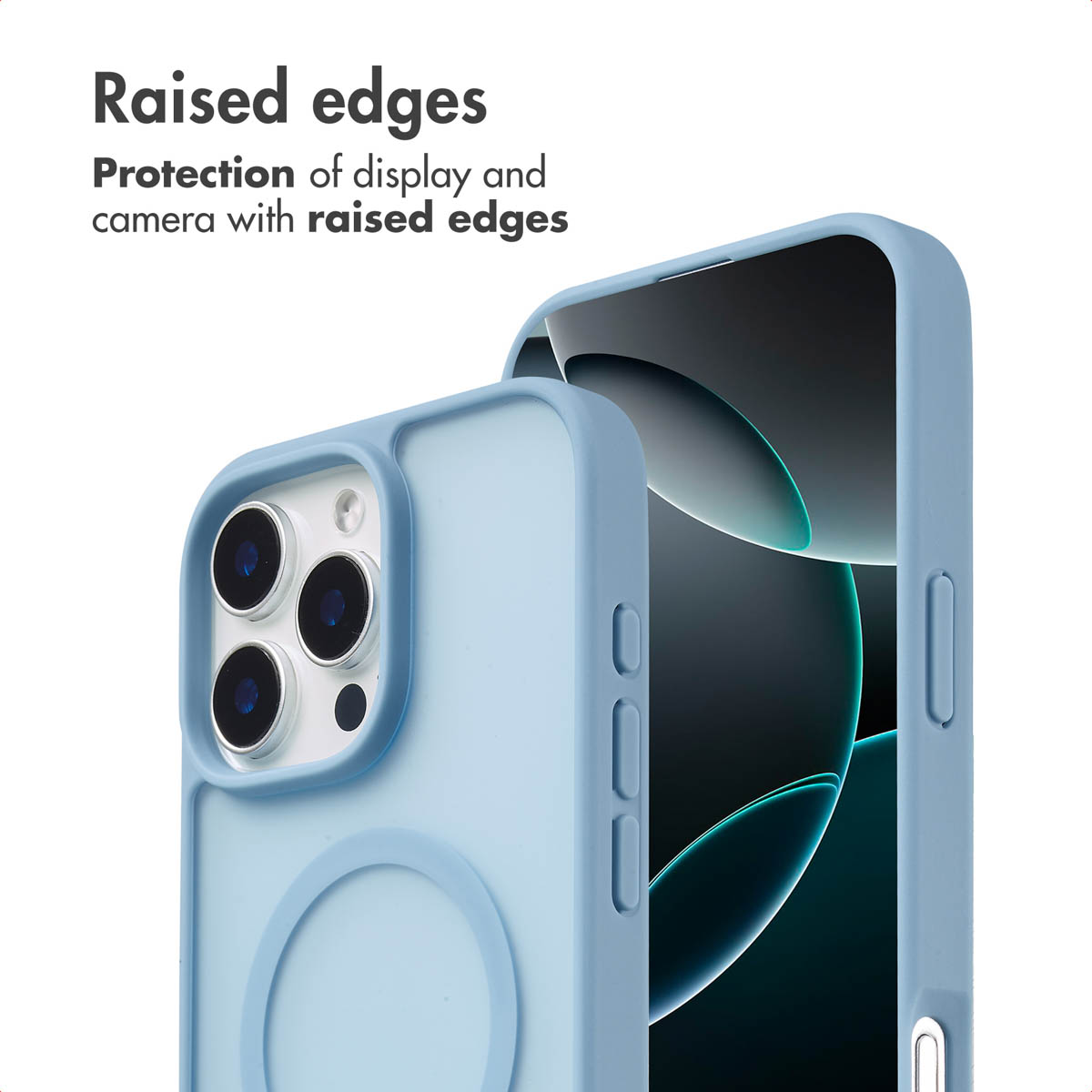 Cover per telefono azzurro con bordi rialzati per la protezione di schermo e fotocamera.