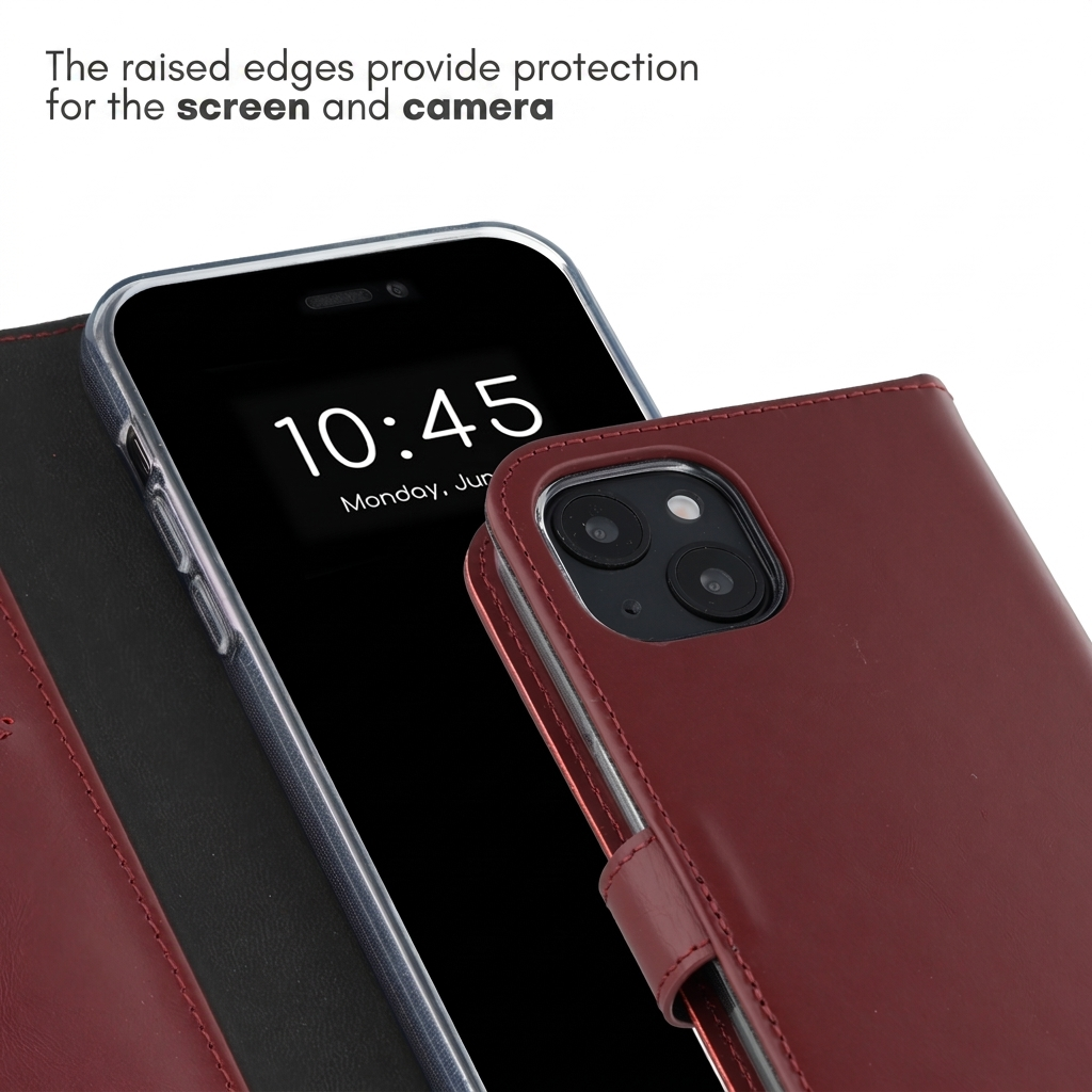 A smartphone in a maroon leather wallet case against a white background with text highlighting screen and camera protection.