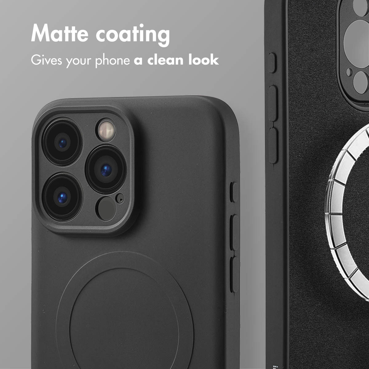 Funda de teléfono negra mate con recorte para cámara sobre fondo gris.