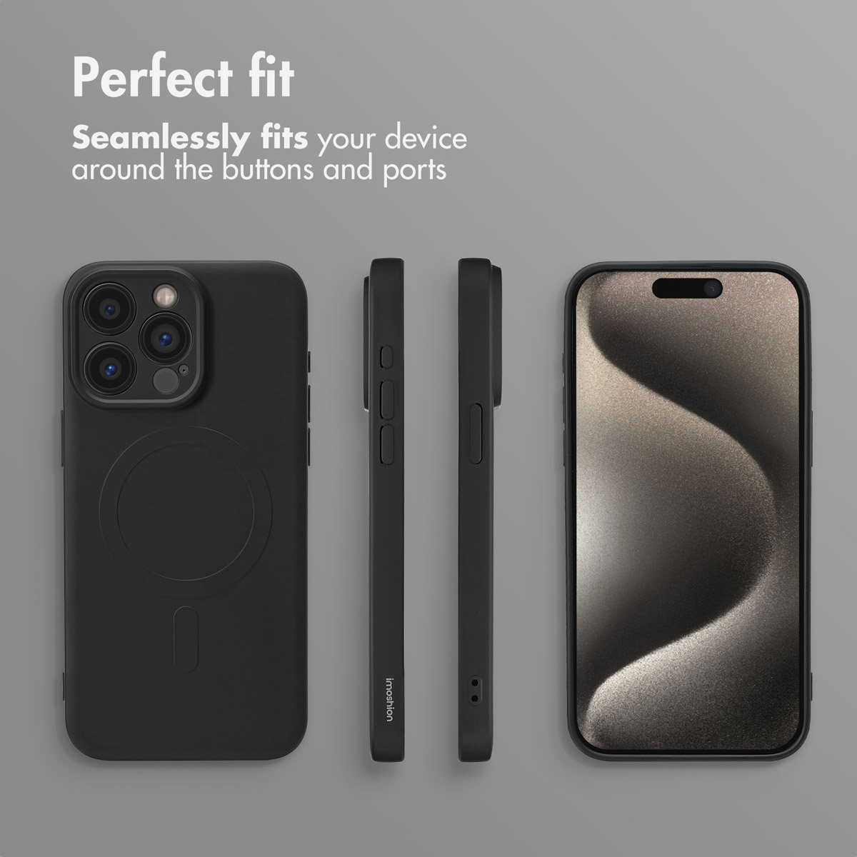 Funda de móvil negra mostrada desde varios ángulos con texto 'Perfect fit' en fondo gris.