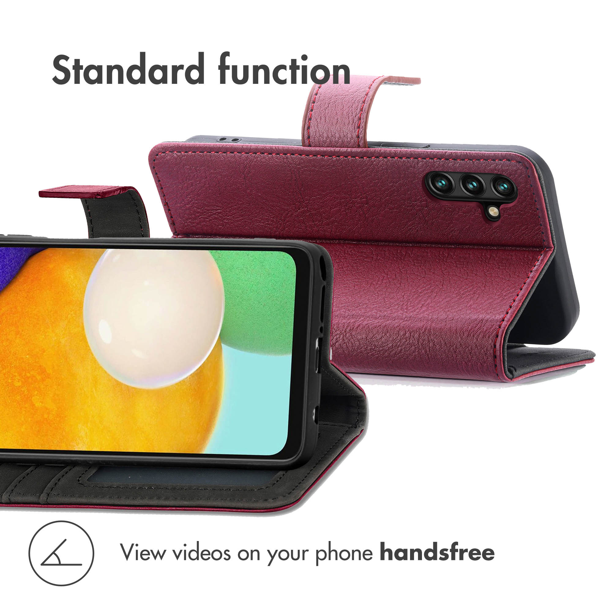 Étui de téléphone en cuir bordeaux positionné à l'horizontale.