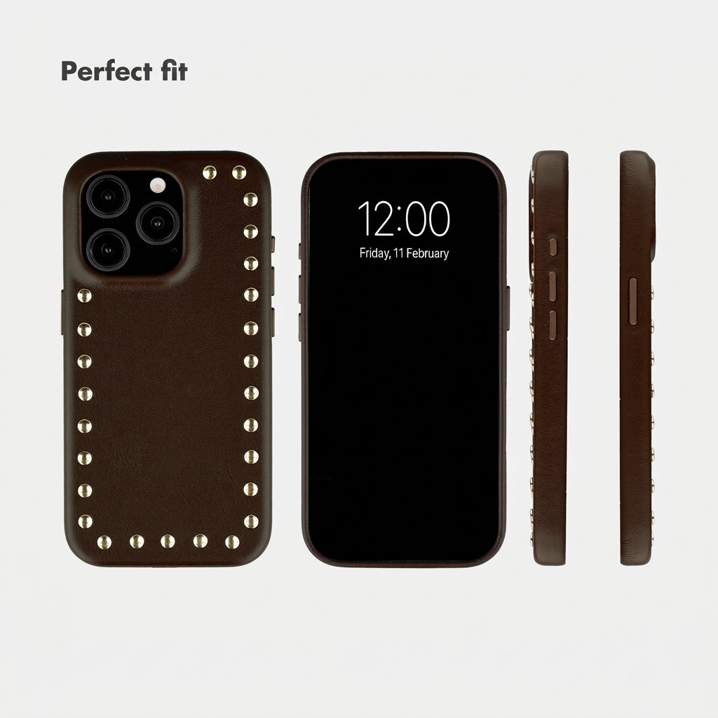 Coque de téléphone en cuir marron foncé avec rivets dorés, sous plusieurs angles.