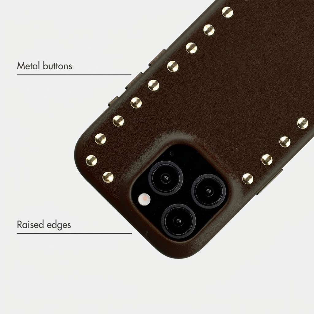 Coque de téléphone en cuir marron avec clous dorés, trois objectifs et mentions de boutons et bords surélevés.