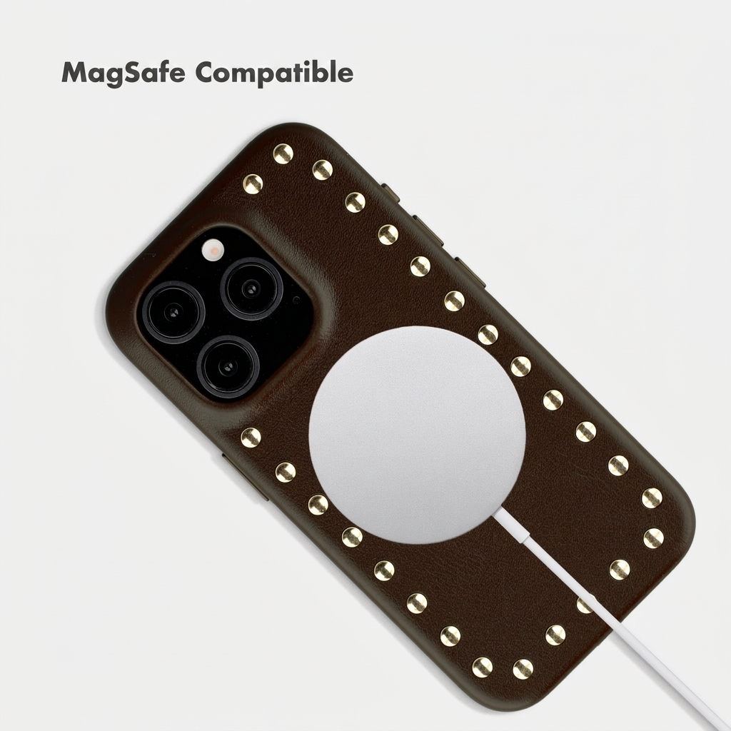 Une coque de téléphone marron avec des clous dorés est connectée à un chargeur MagSafe blanc.