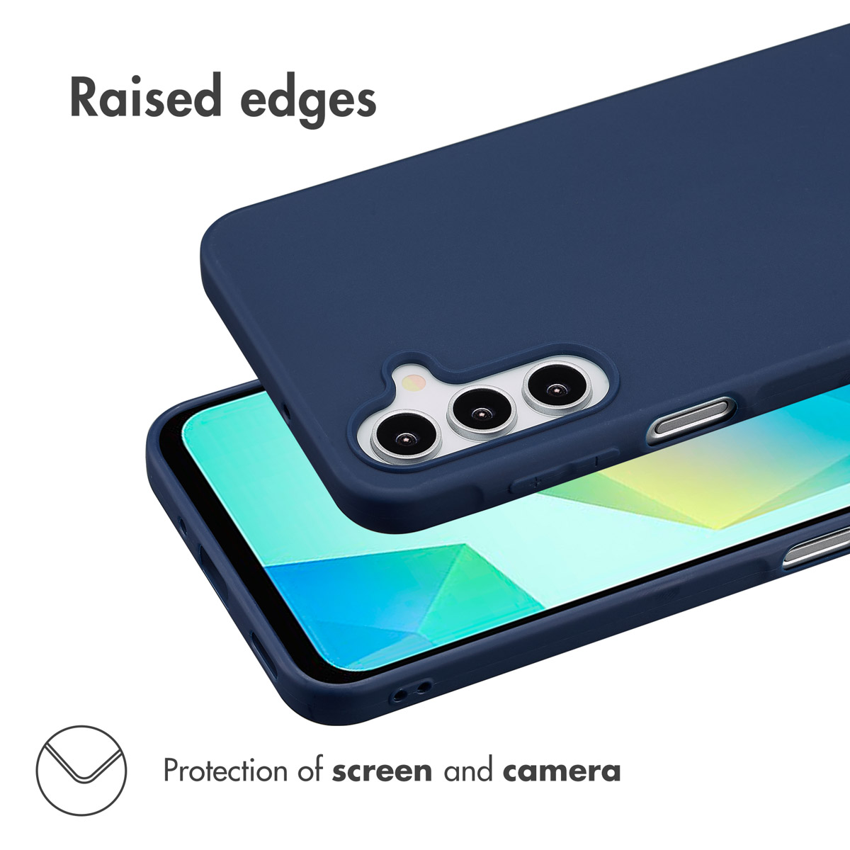 Fundas para móvil azul oscuro con bordes elevados para proteger la cámara y la pantalla.