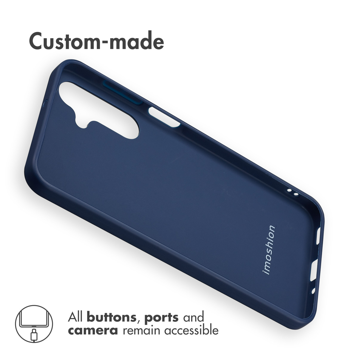 Funda de teléfono protectora azul oscura con recortes a medida para botones y cámara sobre fondo blanco.