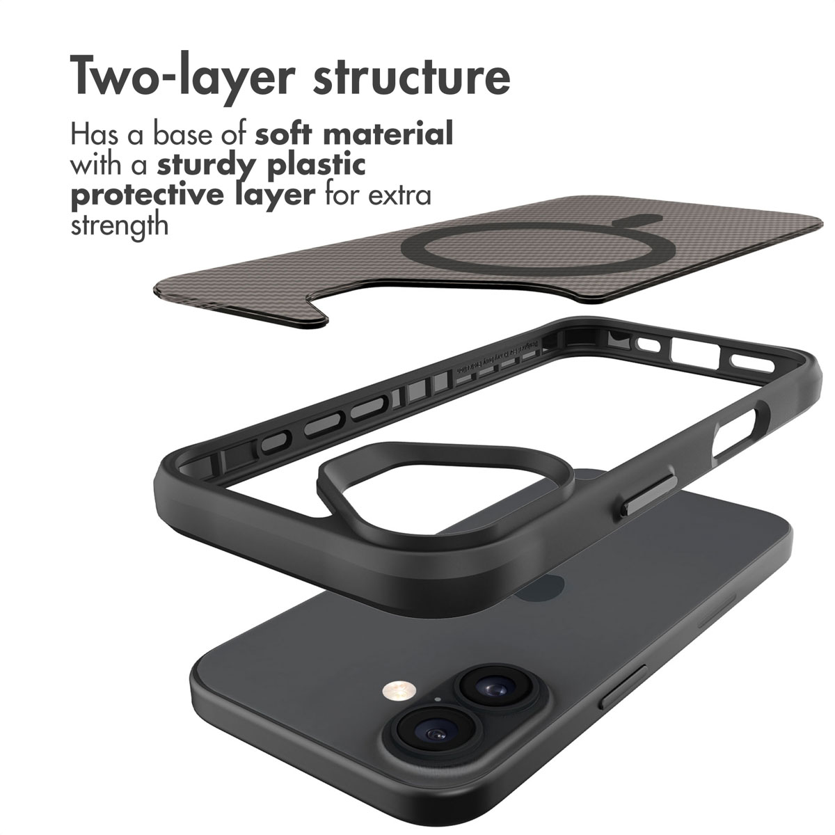 Diagramme montrant la structure à deux couches d'une coque de téléphone avec base souple et coque rigide.