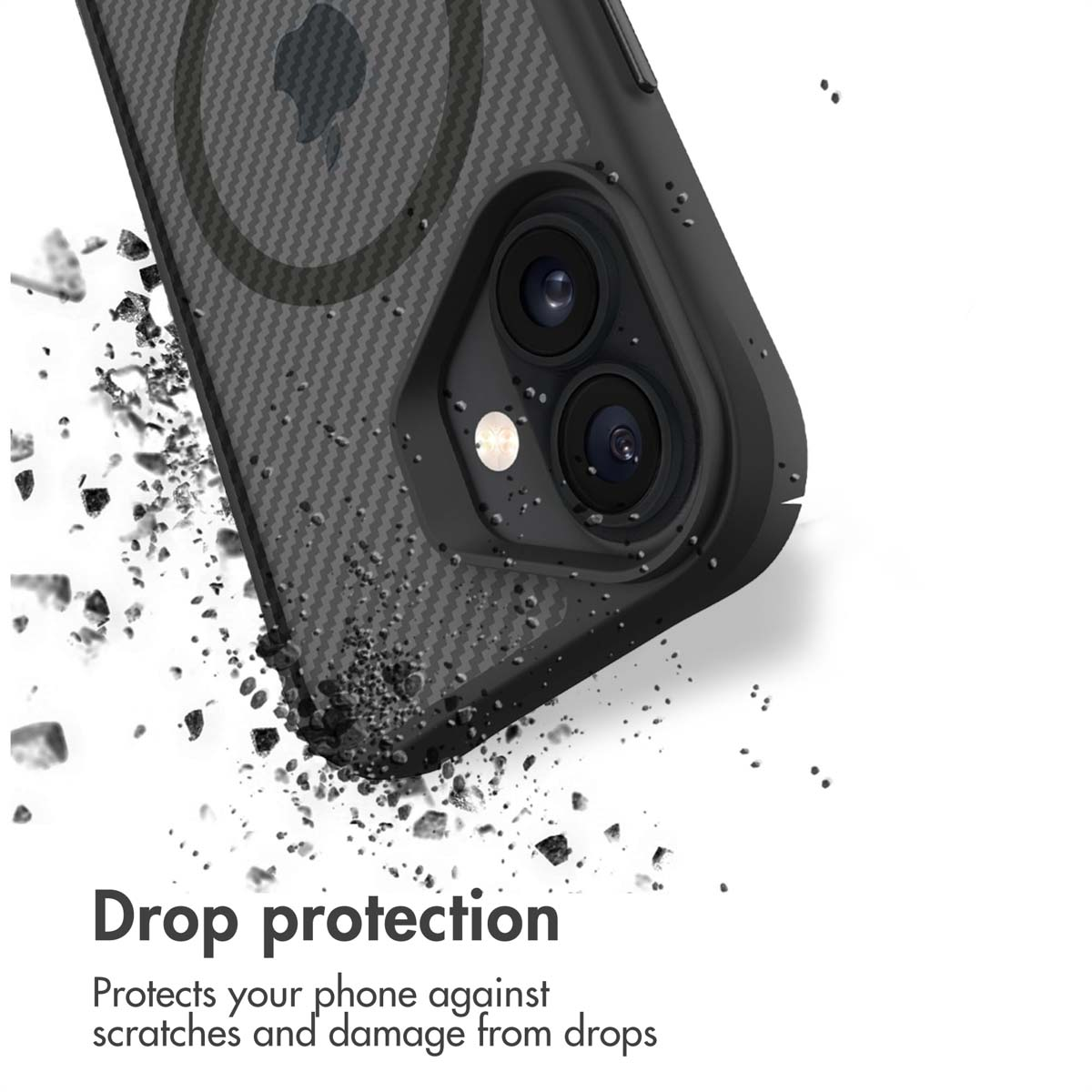 Une coque de téléphone noire avec découpe pour l'appareil photo, entourée de débris.