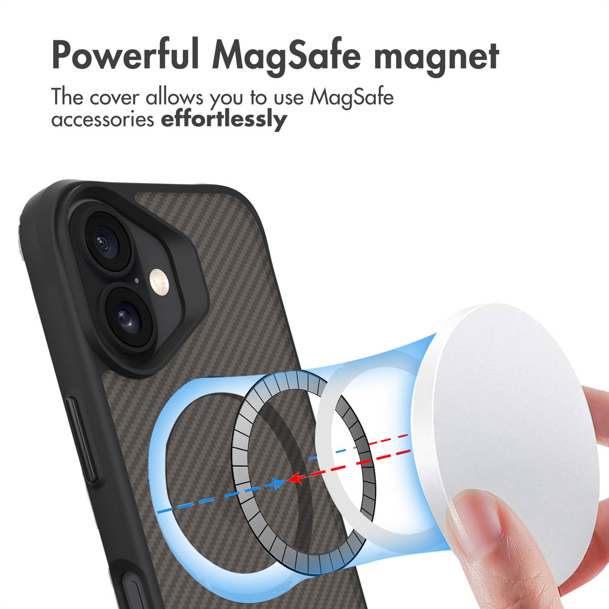 Coque de téléphone avec aimant MagSafe et main tenant l'accessoire.