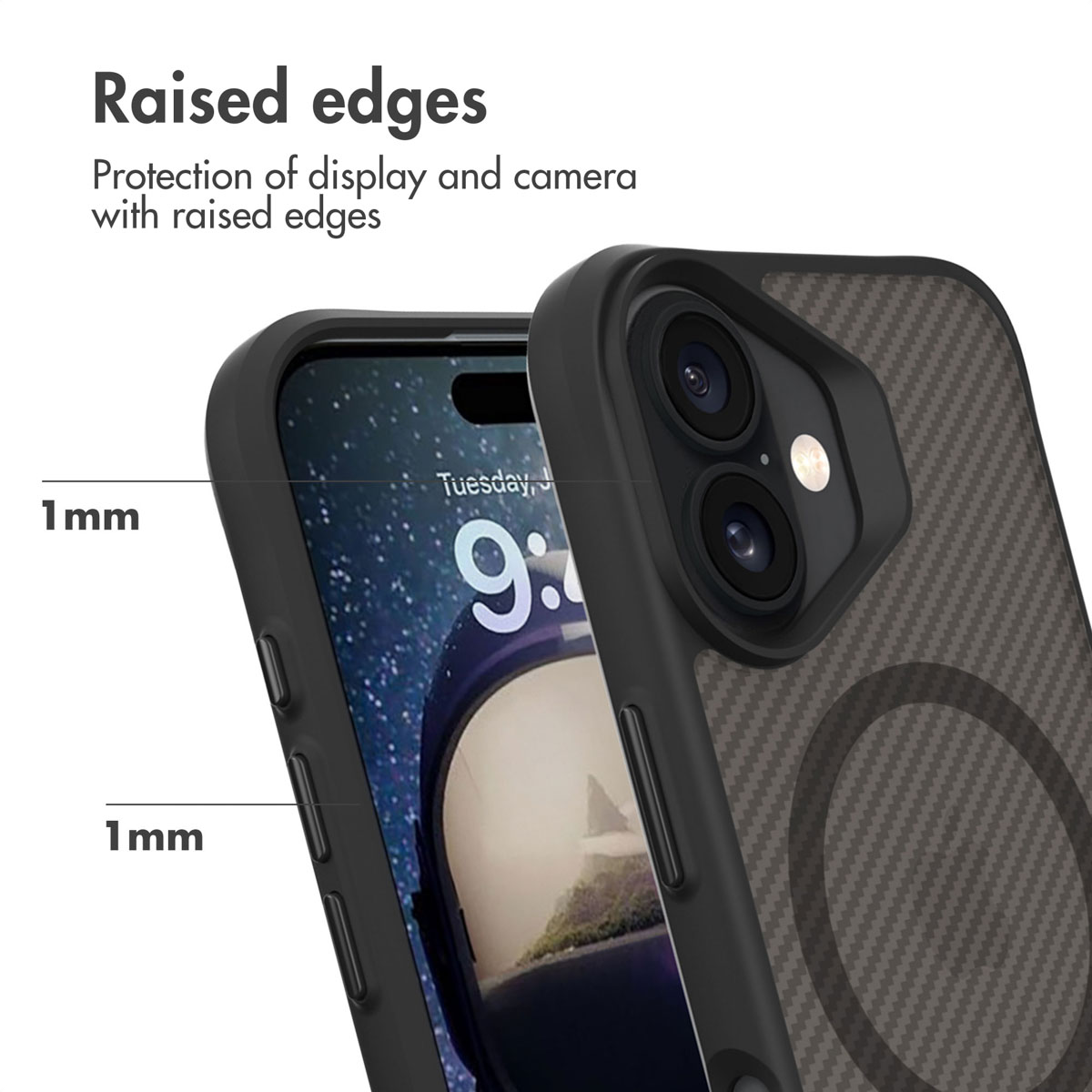 Un smartphone avec coque de protection met en avant des bords surélevés de 1 mm.