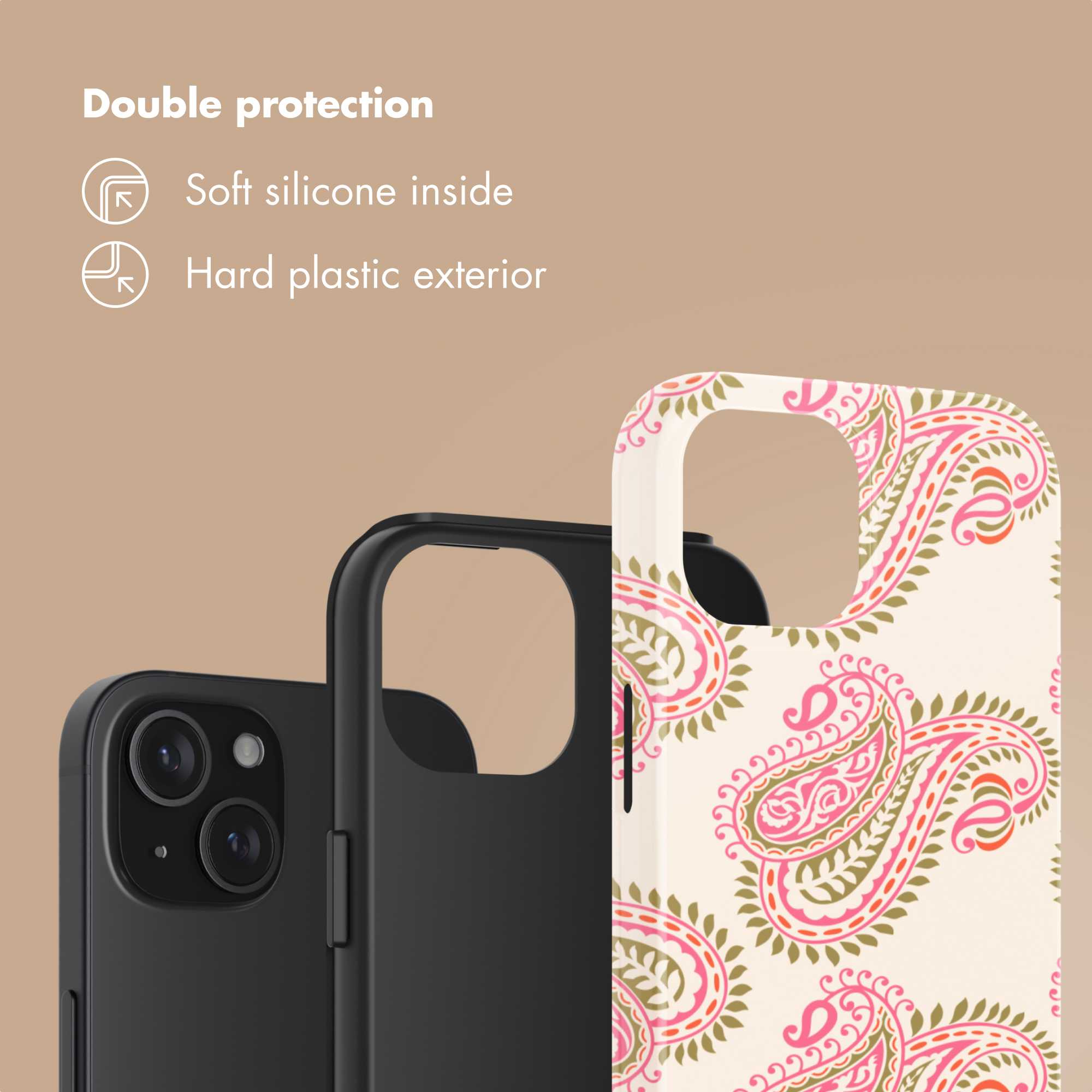 Una pubblicità di cover per cellulari con doppia protezione: silicone morbido e plastica dura.