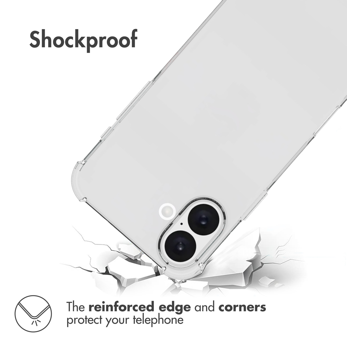 Une coque de téléphone transparente aux coins renforcés repose sur une surface brisée.