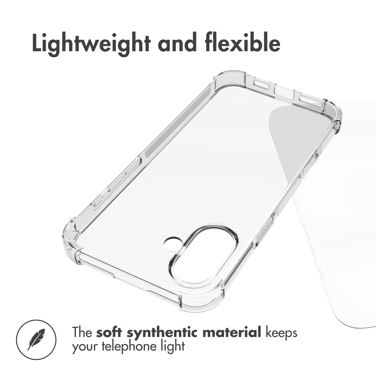 Coque de protection transparente avec du texte en haut et en bas, légère et souple.