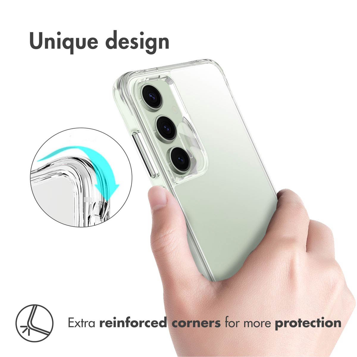 Smartphone in cover trasparente con angoli rinforzati, testo: Extra reinforced corners for more protection.