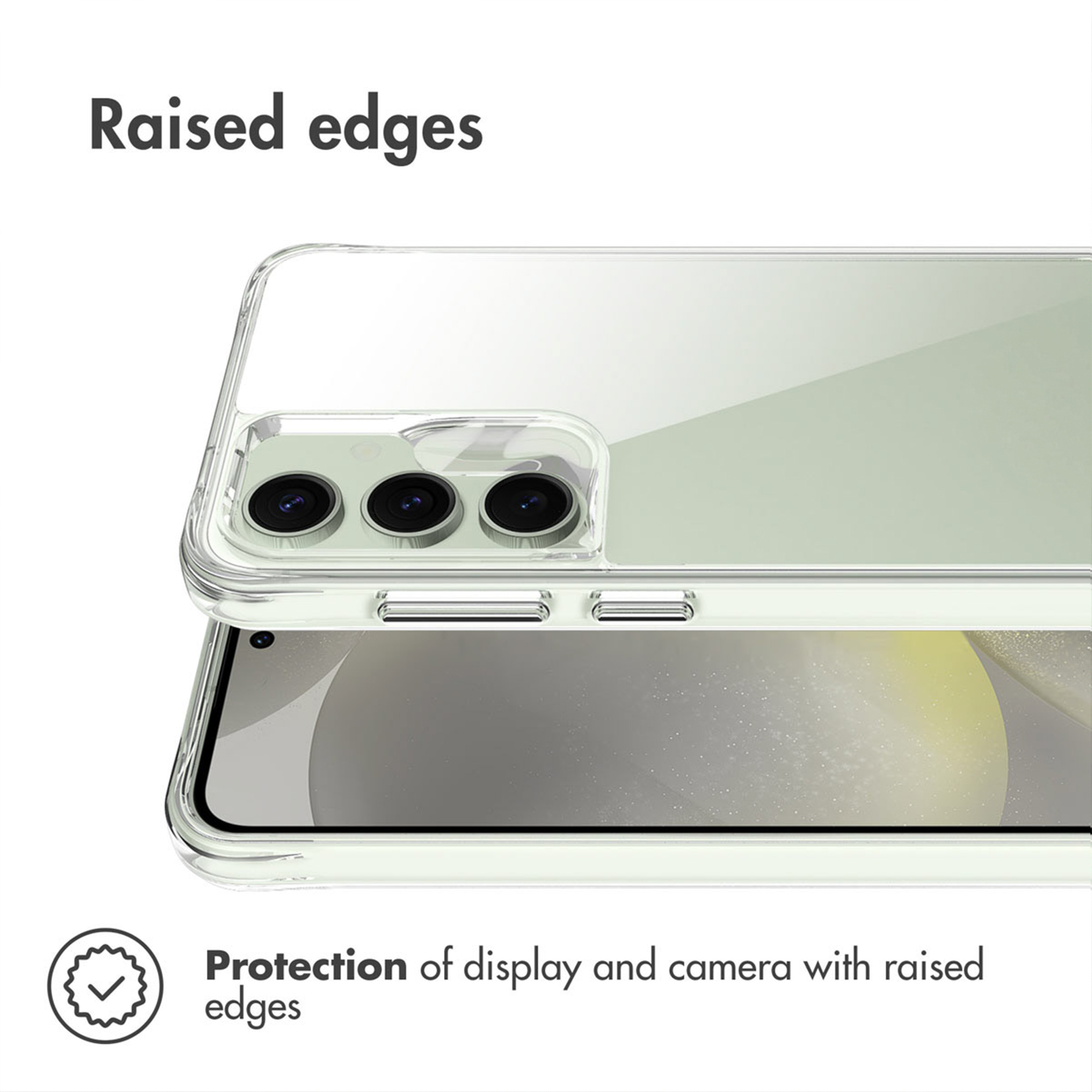 Custodia trasparente per telefono con bordi rialzati per proteggere display e fotocamera.