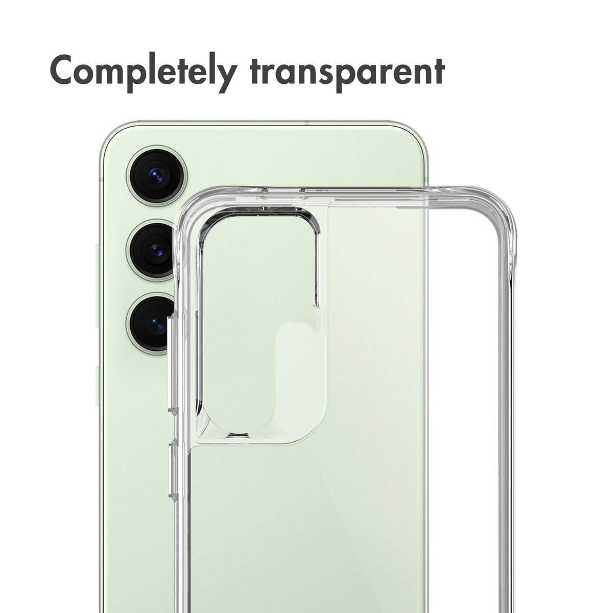 Una custodia protettiva completamente trasparente su uno smartphone verde chiaro su sfondo bianco.