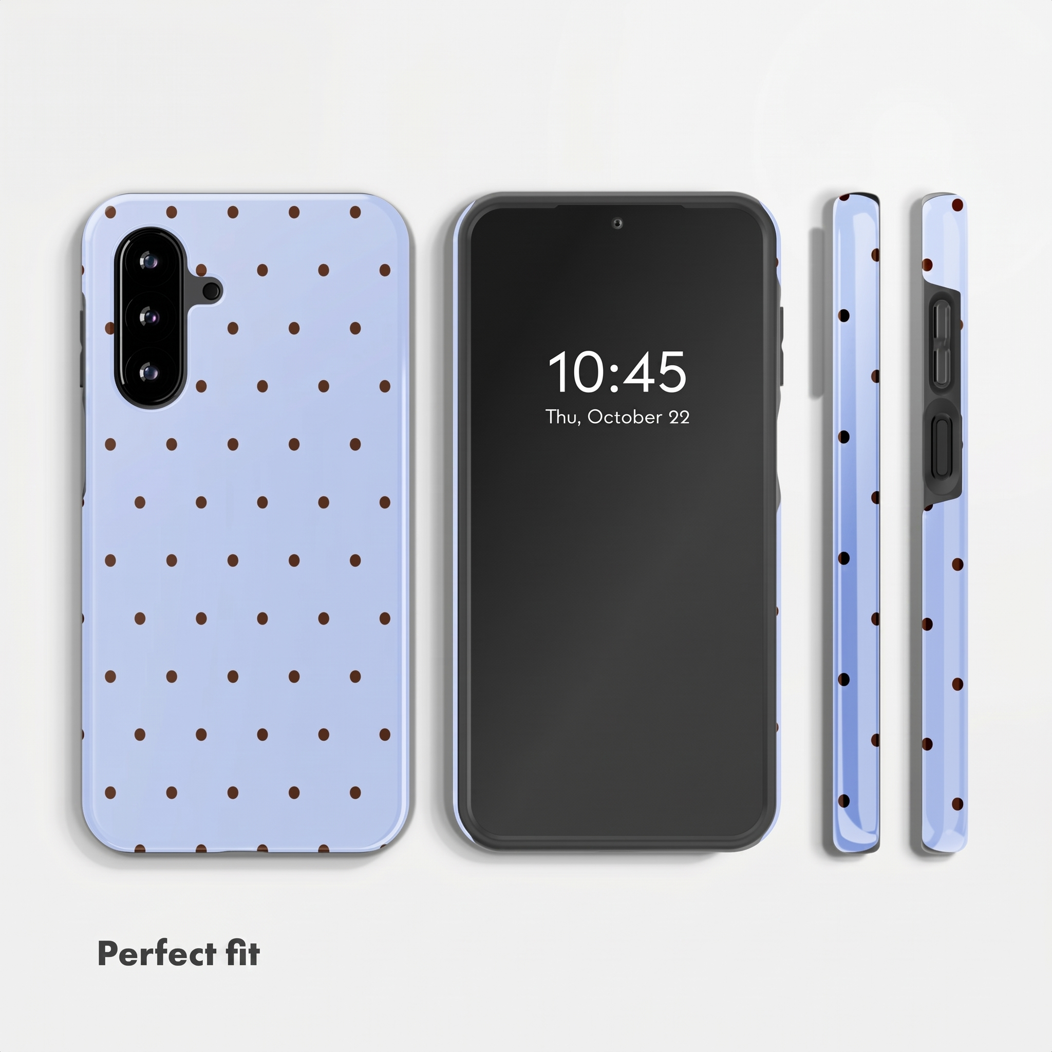 Ein Smartphone in mehreren Ansichten mit hellblauer Hülle, braunen Punkten und dem Text "Perfect fit".