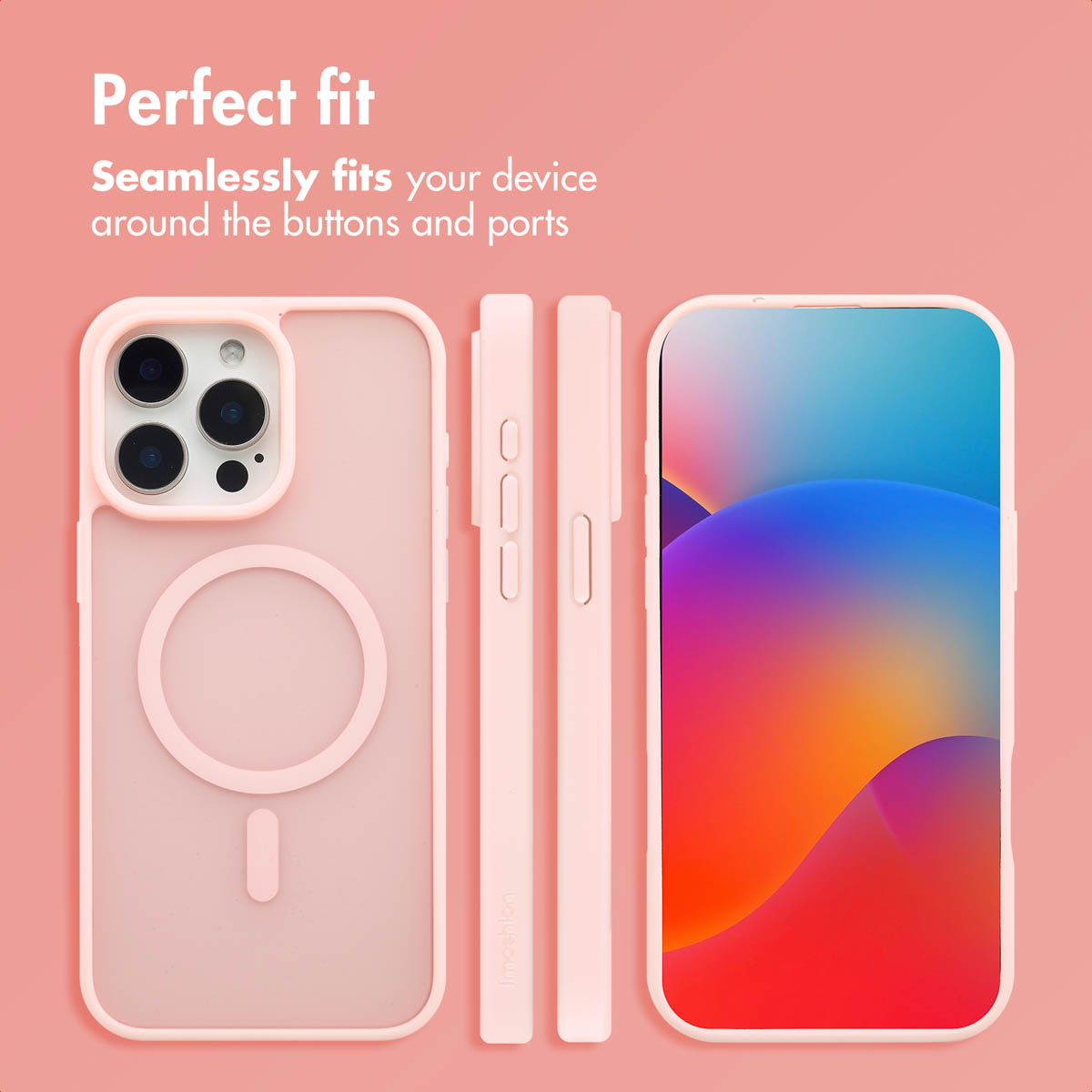 Roze smartphone hoesje met MagSafe ring en uitsparingen voor knoppen en camera op een roze achtergrond.