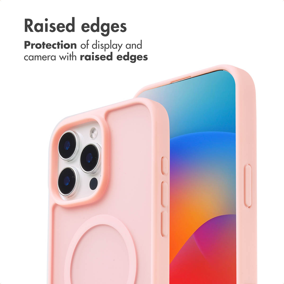 Twee roze smartphonehoesjes met verhoogde randen voor scherm- en camerabescherming.