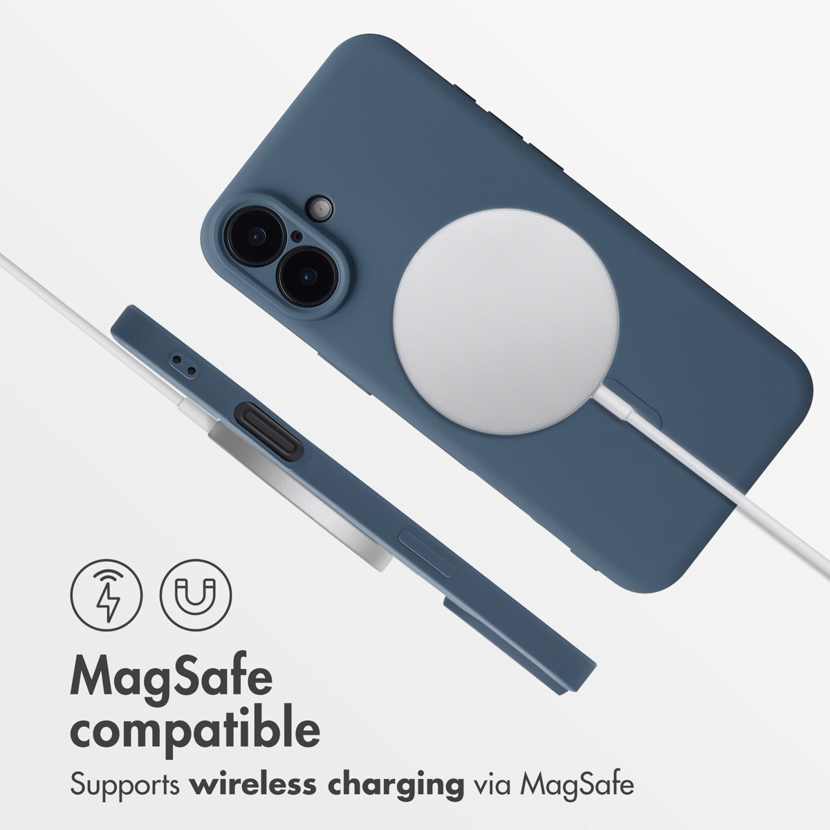 Funda de smartphone azul con cargador MagSafe y cable sobre fondo blanco, con iconos de compatibilidad.