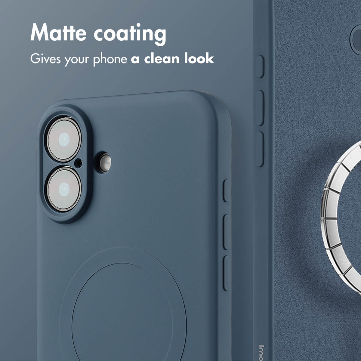 Primer plano de una funda de teléfono azul mate con dos cámaras y botones laterales.