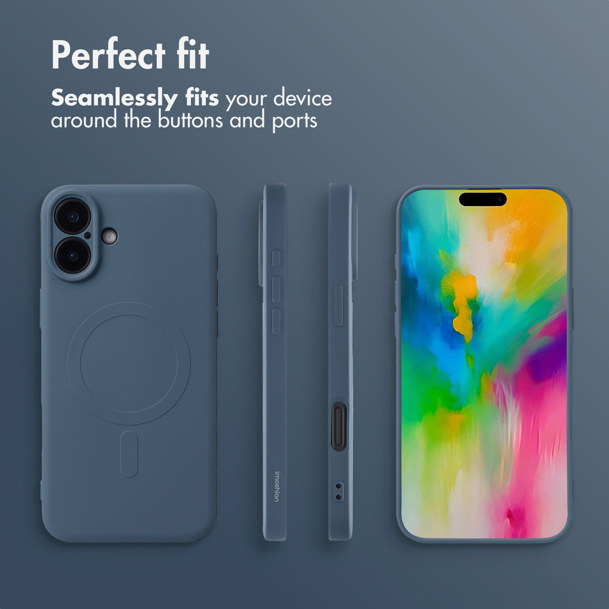 Funda protectora azul para smartphone mostrada desde varios ángulos sobre fondo oscuro.