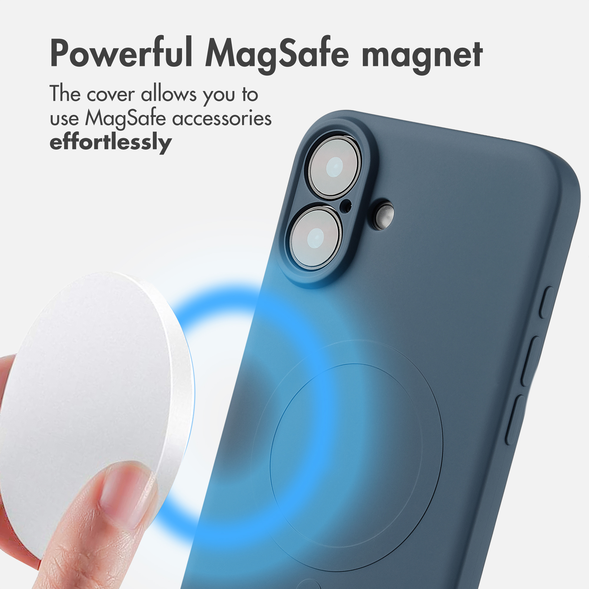 Funda de teléfono azul con función MagSafe y una mano blanca sosteniendo un accesorio.