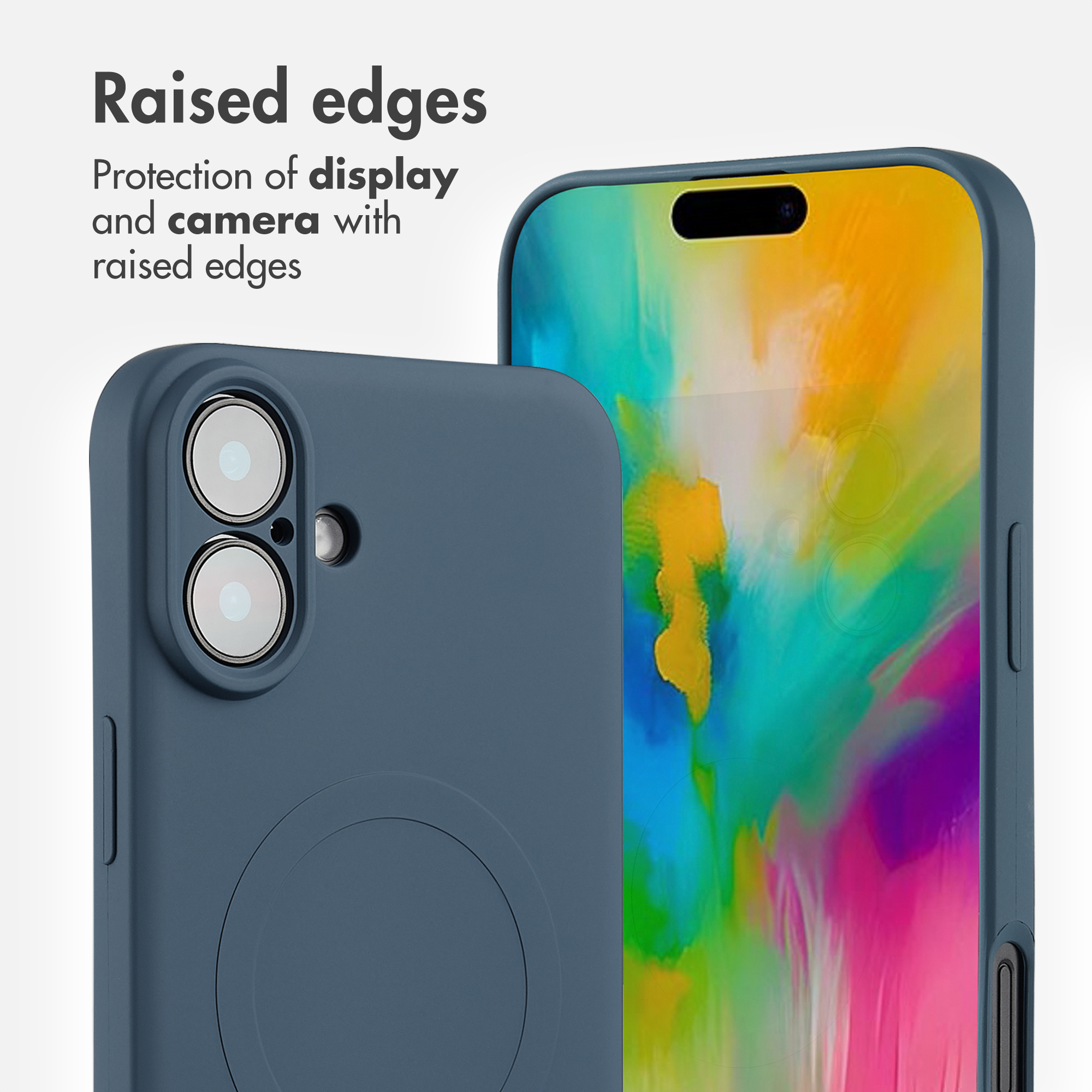 Un smartphone en funda azul con bordes elevados para proteger la pantalla y la cámara.