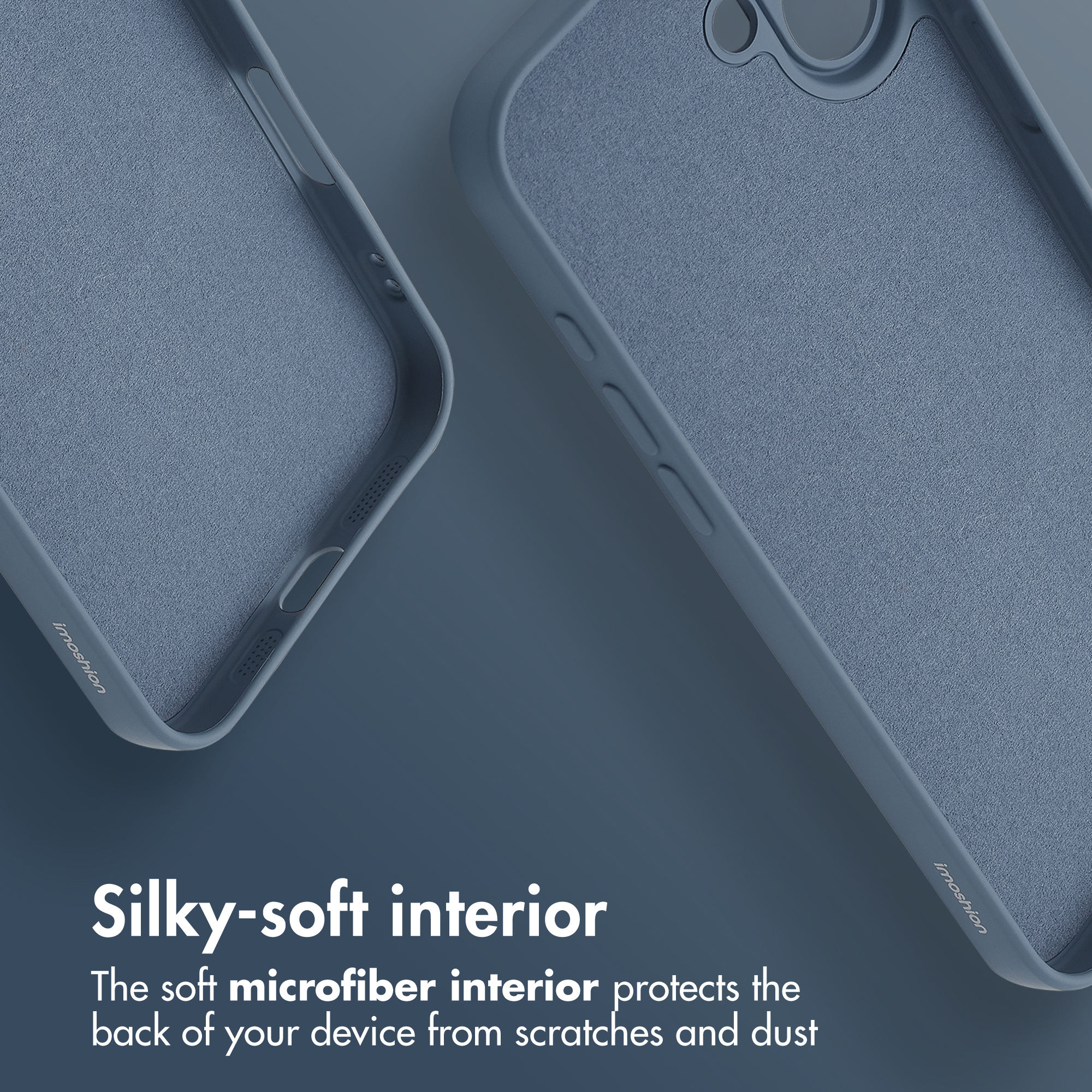 Dos fundas azules para smartphones con interior de microfibra suave sobre fondo azul y texto descriptivo.