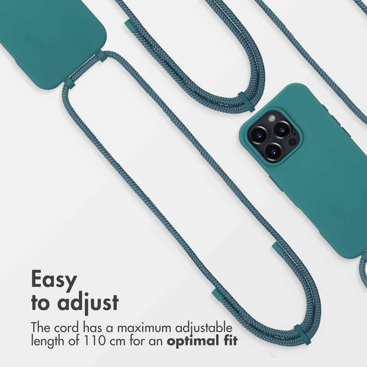 Custodia per smartphone verde scuro con cordino intrecciato regolabile su sfondo bianco.