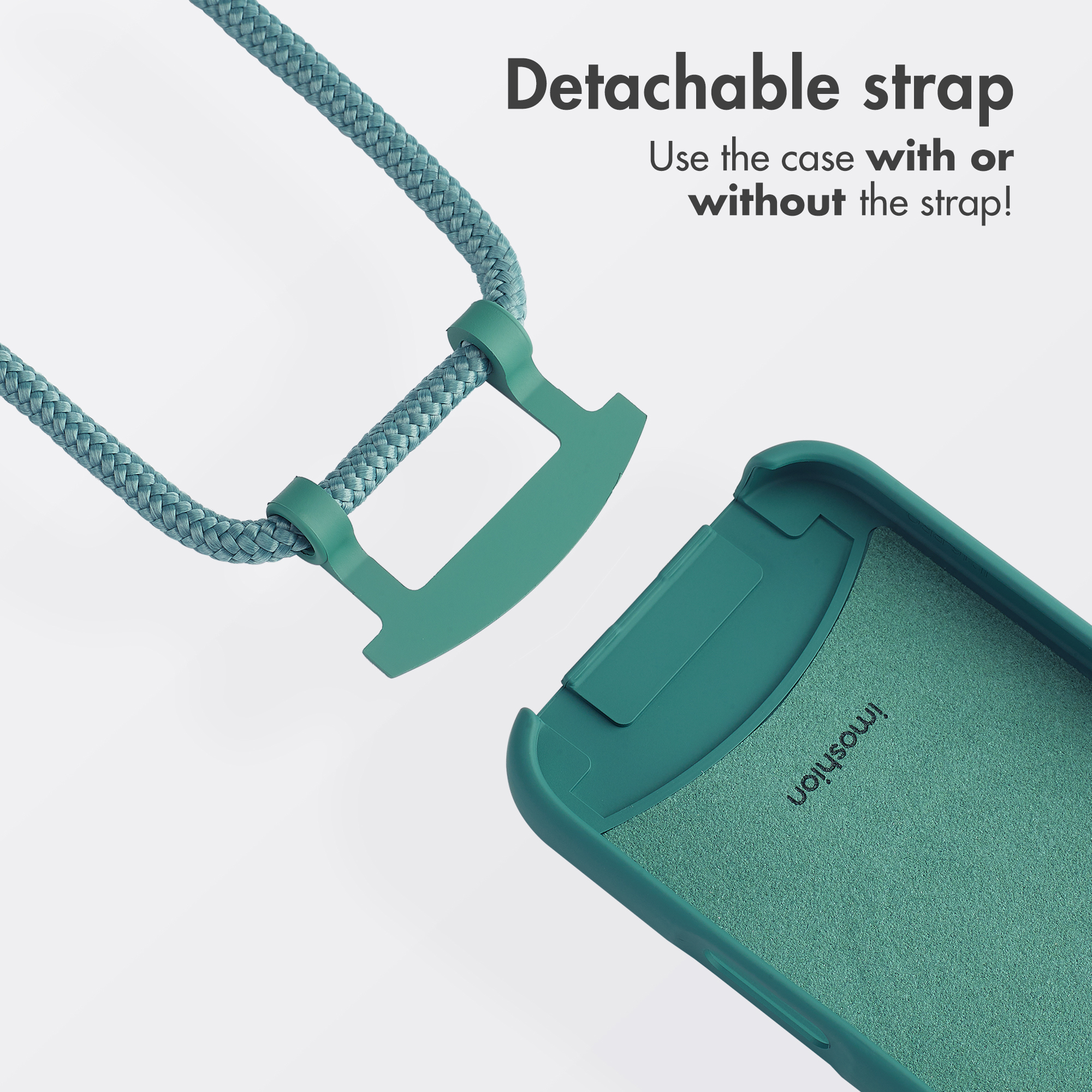 Custodia per telefono verde con cinturino staccabile e testo.
