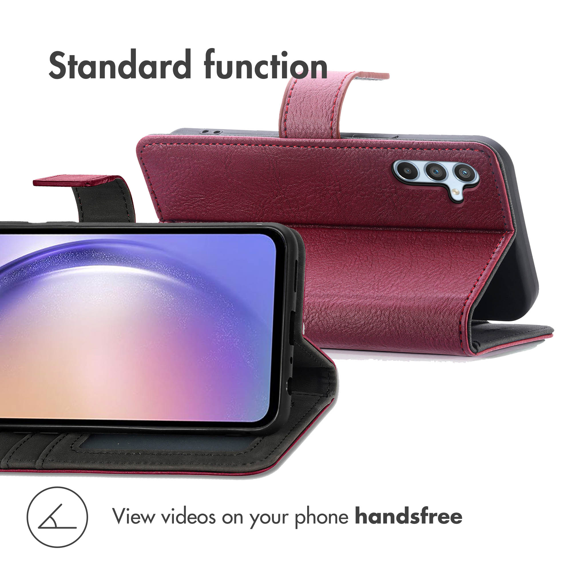Weinrote Leder-Handyhülle im Querformat mit aufgestelltem Smartphone für freihändiges Videosehen.
