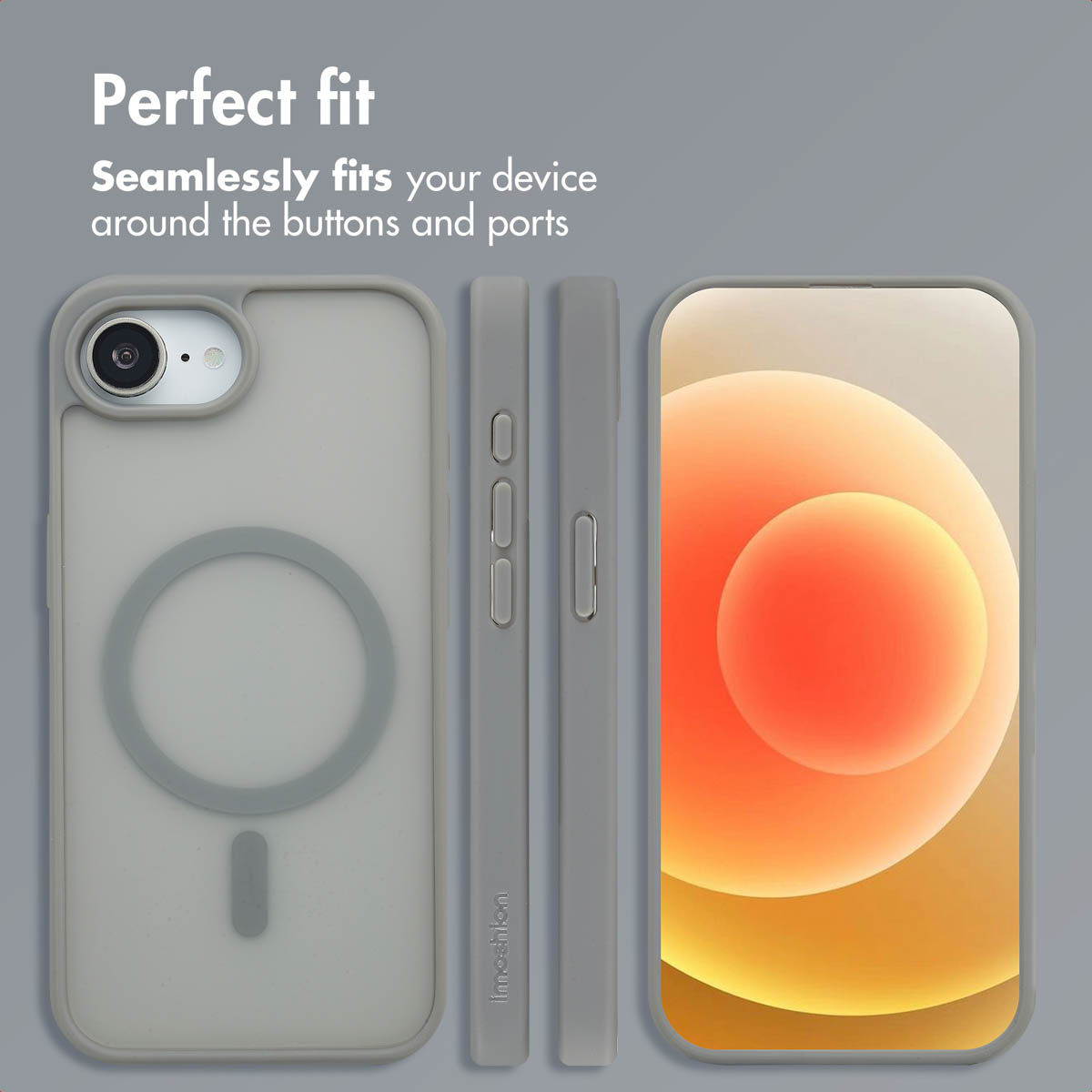 Coques de téléphone grises montrant la découpe de l'appareil photo, l'anneau magnétique, les boutons et un fond d'écran orange.
