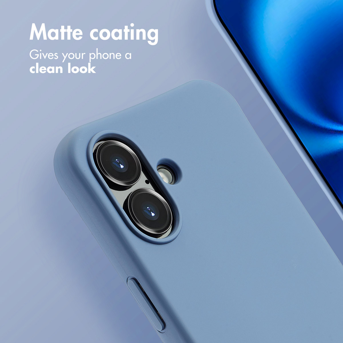 Primo piano di una custodia per telefono blu opaco con due lenti della fotocamera e testo.