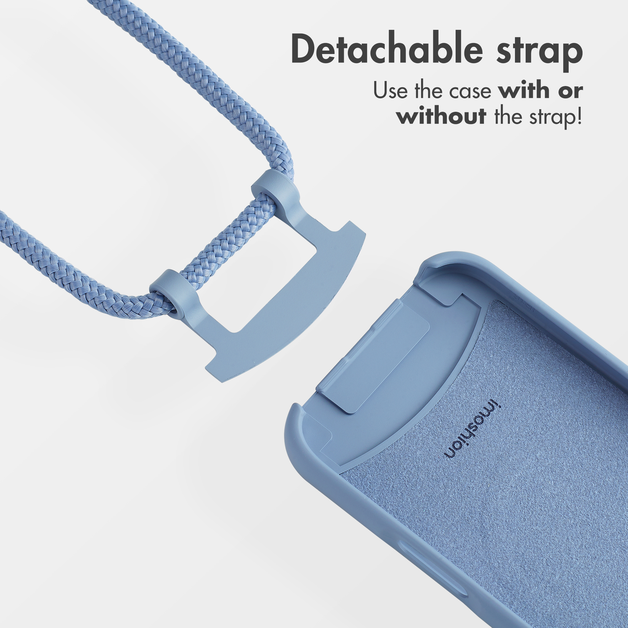 Custodia per telefono blu con laccetto staccabile su sfondo chiaro.