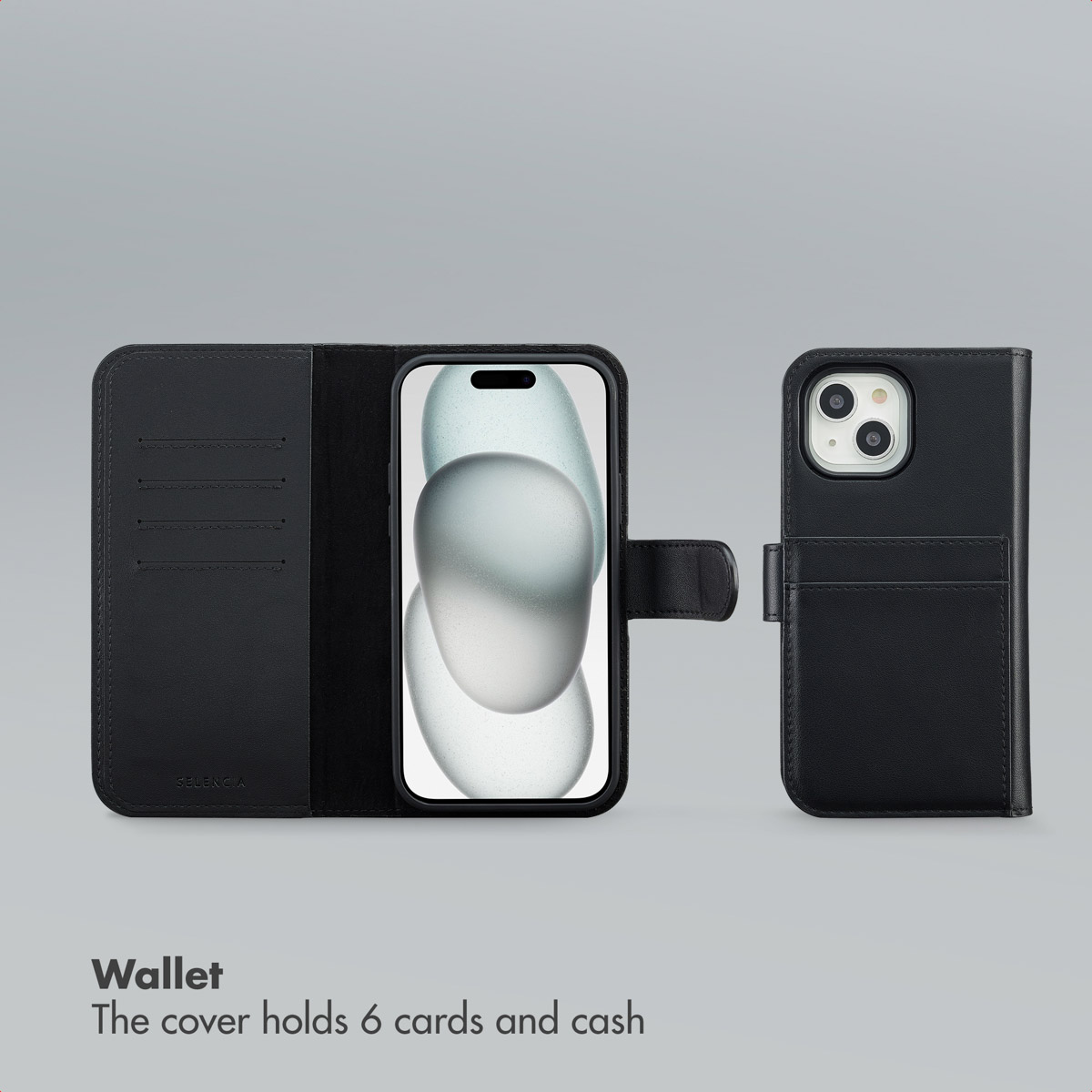Custodia per telefono a portafoglio in pelle nera con tasche per carte su sfondo grigio.