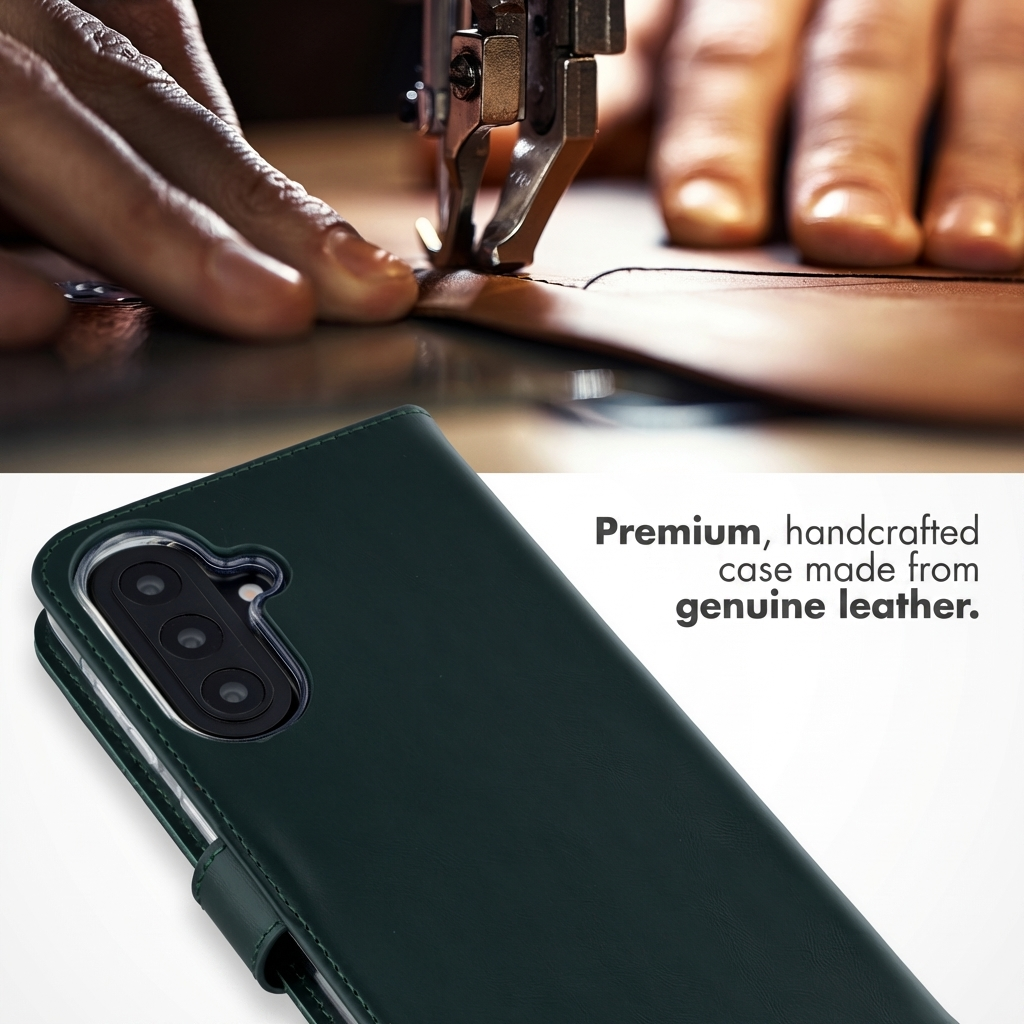 Coque de téléphone en cuir vert fabriquée à la main sous une machine à coudre.