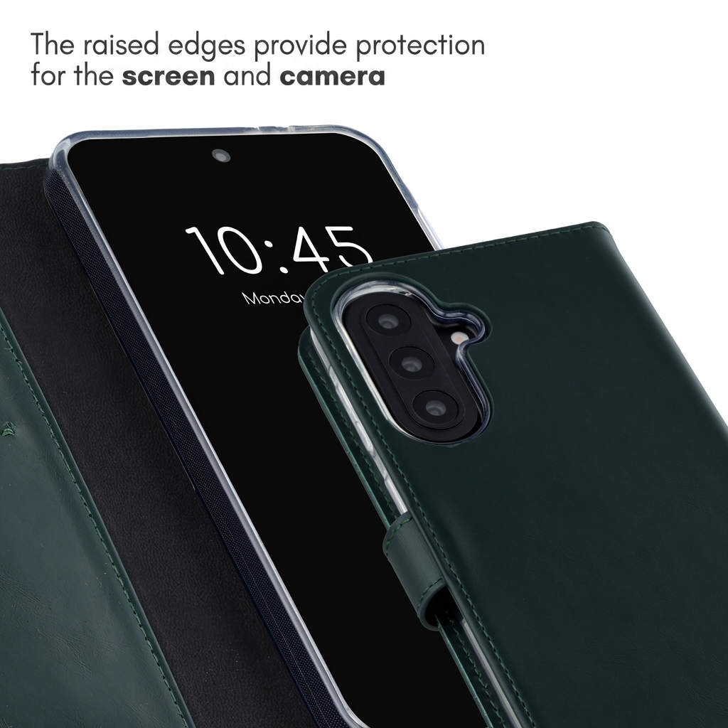 Étui portefeuille en cuir vert foncé pour téléphone, montrant des bords surélevés.
