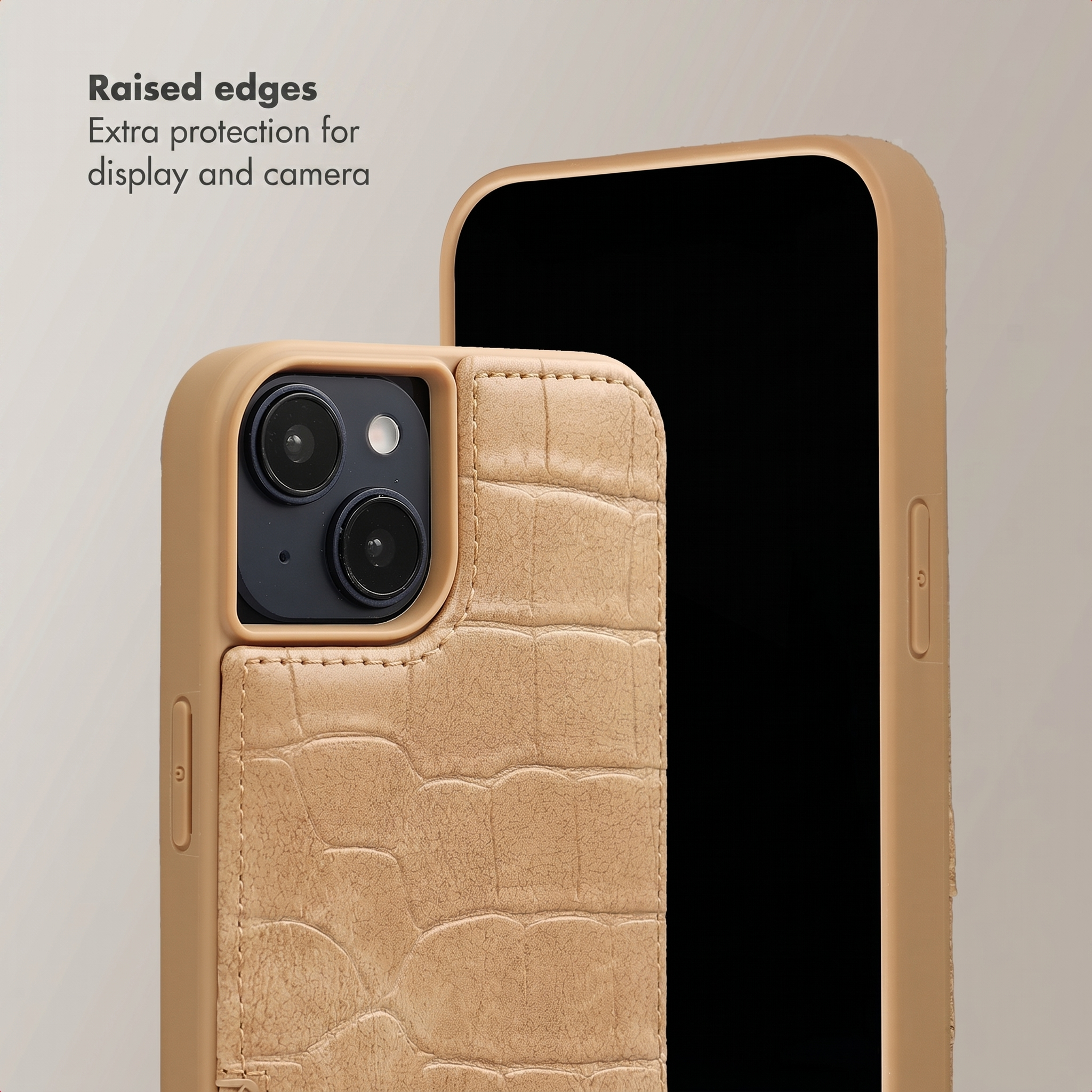 Beige smartphone with crocodile-textured leather case showing raised edges for screen and camera protection.