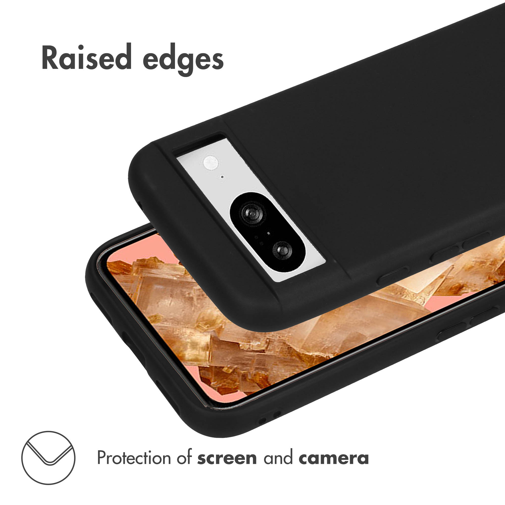 Custodia per telefono nera con bordi rialzati per proteggere schermo e fotocamera.