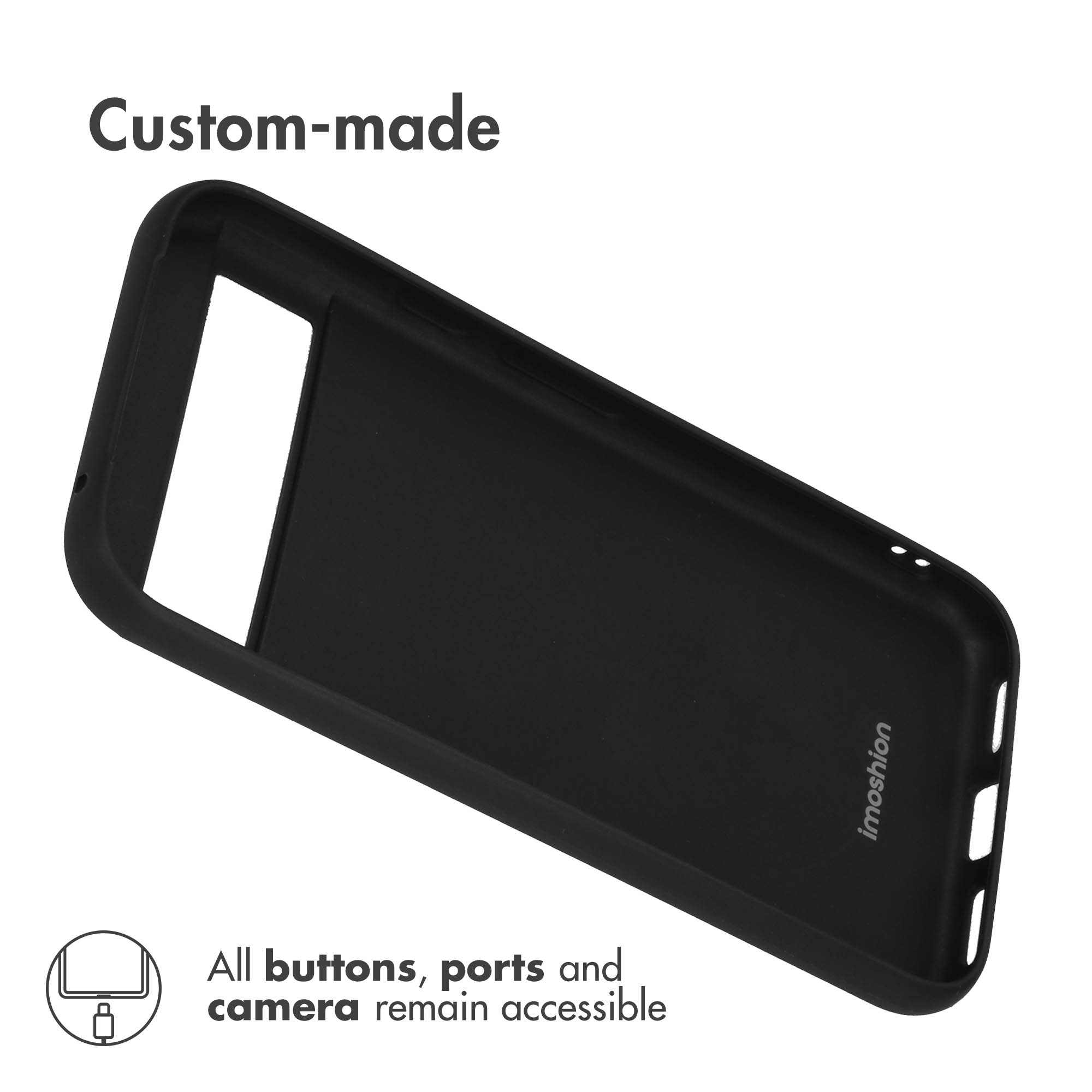 Cover per smartphone nera su misura con testo e loghi.