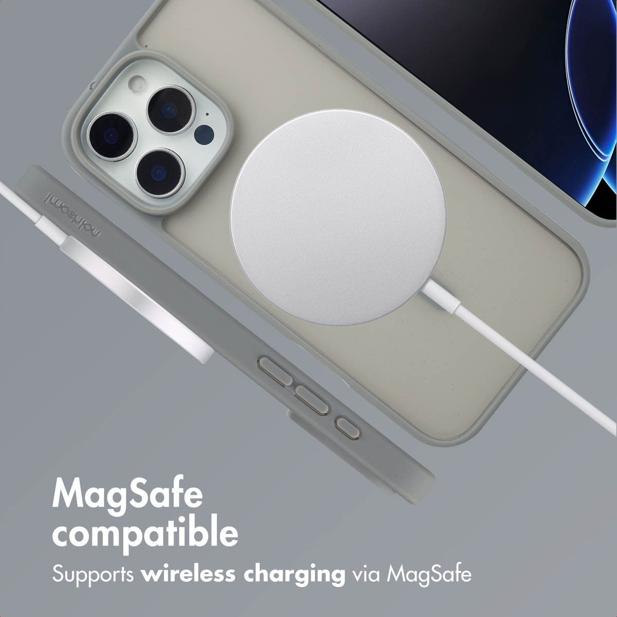 Fundas para smartphone grises con cargador MagSafe y cable sobre fondo gris.