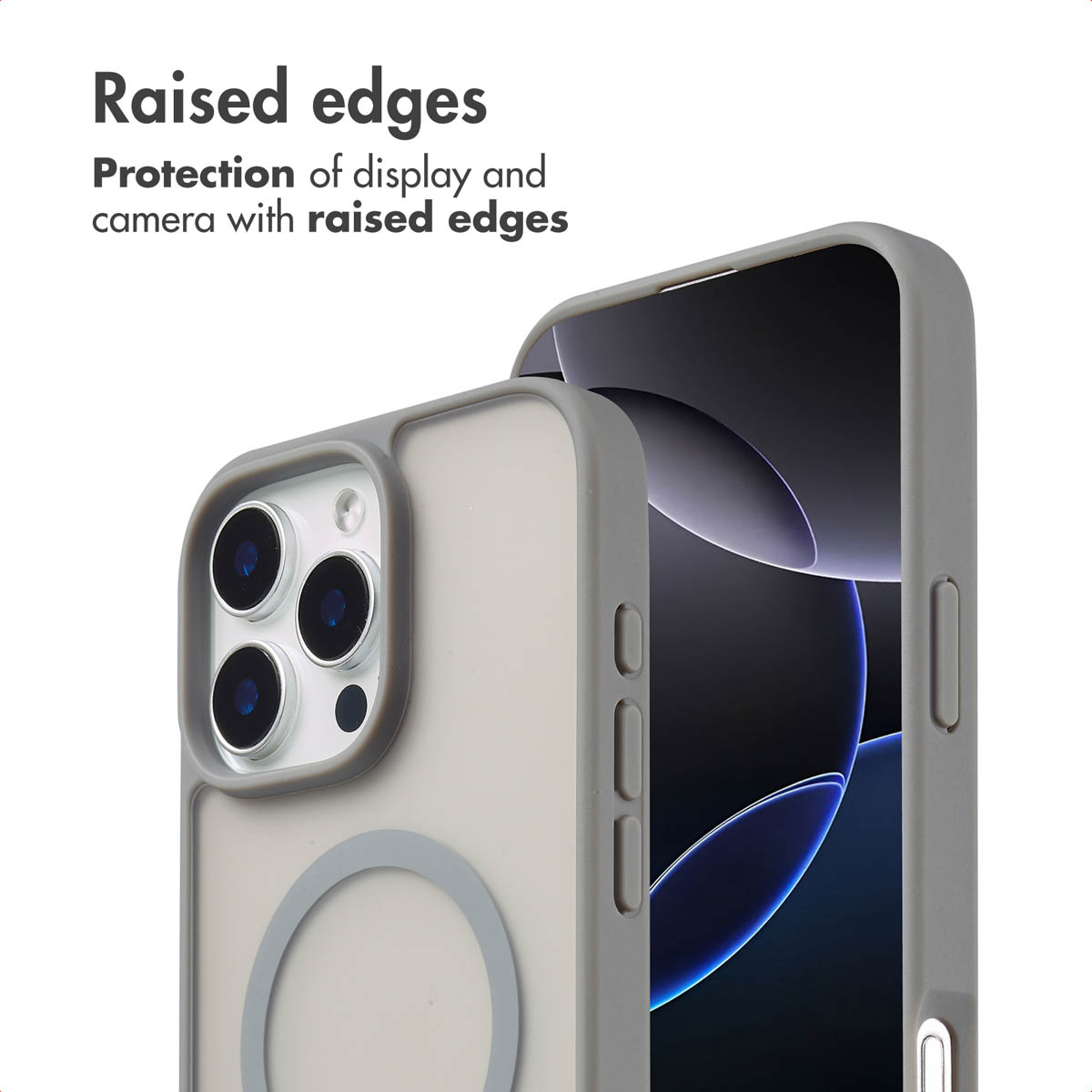 Dos smartphones en fundas grises muestran bordes elevados para protección de pantalla y cámara.