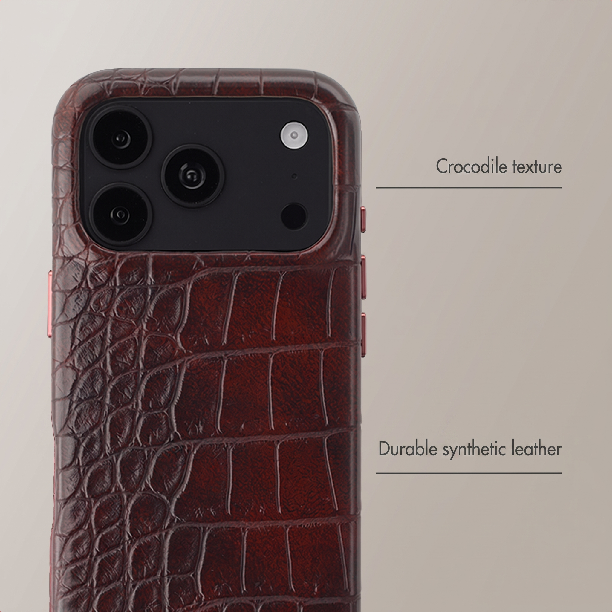 Custodia per telefono rossa con texture coccodrillo e pelle sintetica, con modulo fotocamera multi-lente.